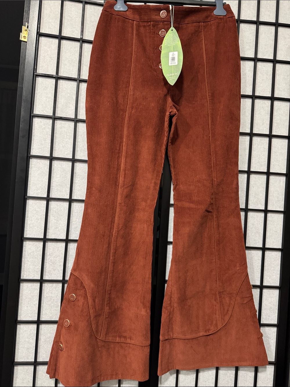 FARM Rio L Brown Corduroy Flare Pants  High Rise Button Detail Retro Wide Leg - Picture 11 of 15